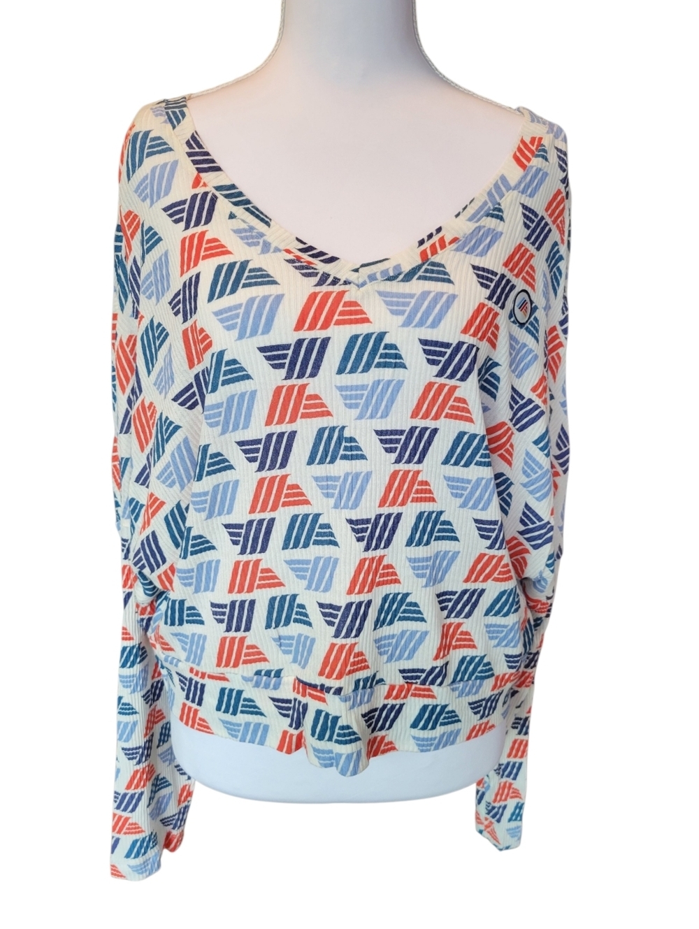Aldi Gear Red White Blue Ribbed Vneck Dolman Sleeve Top